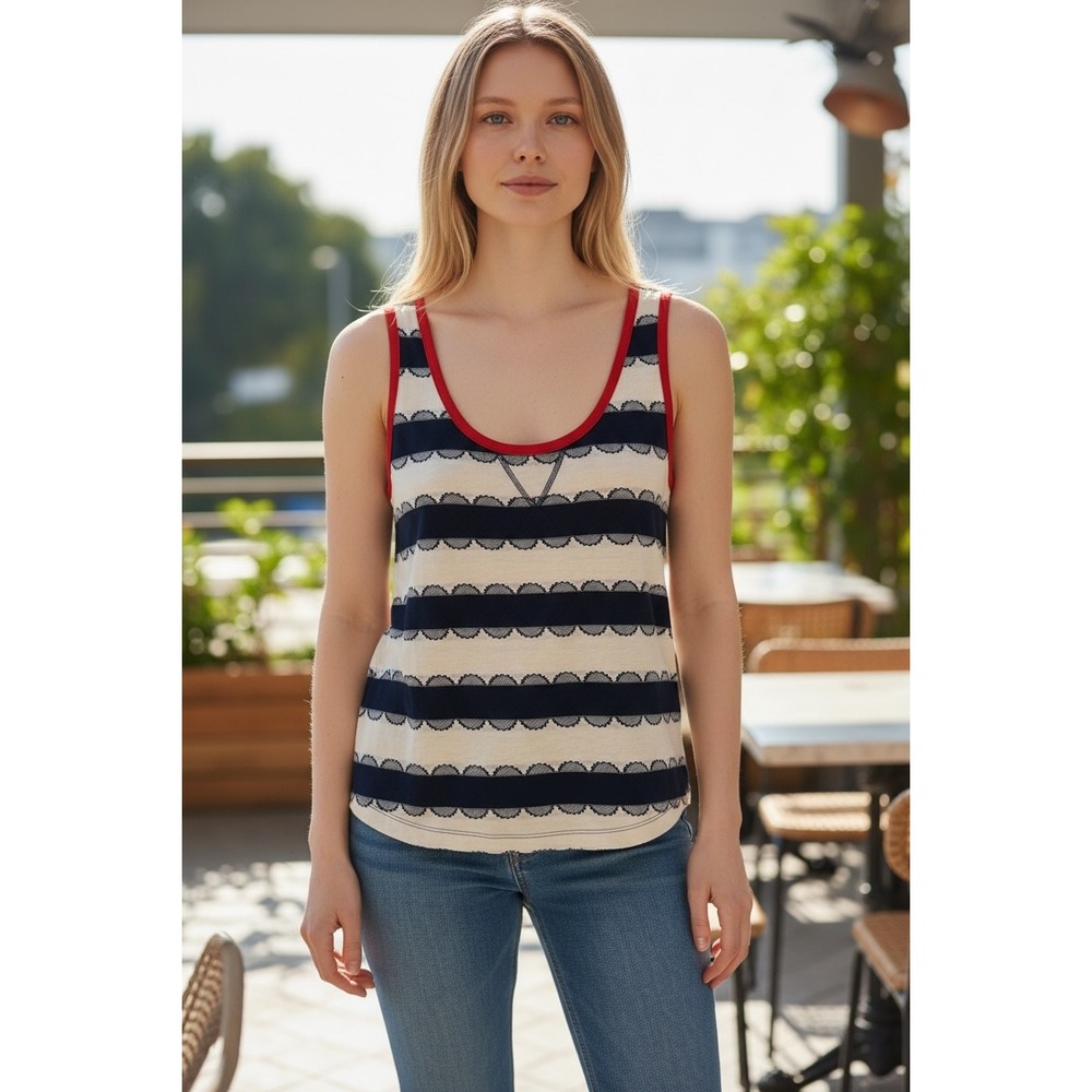 Tory Burch Nautical Striped Scallop Tank Top Navy Cream Red Trim Large